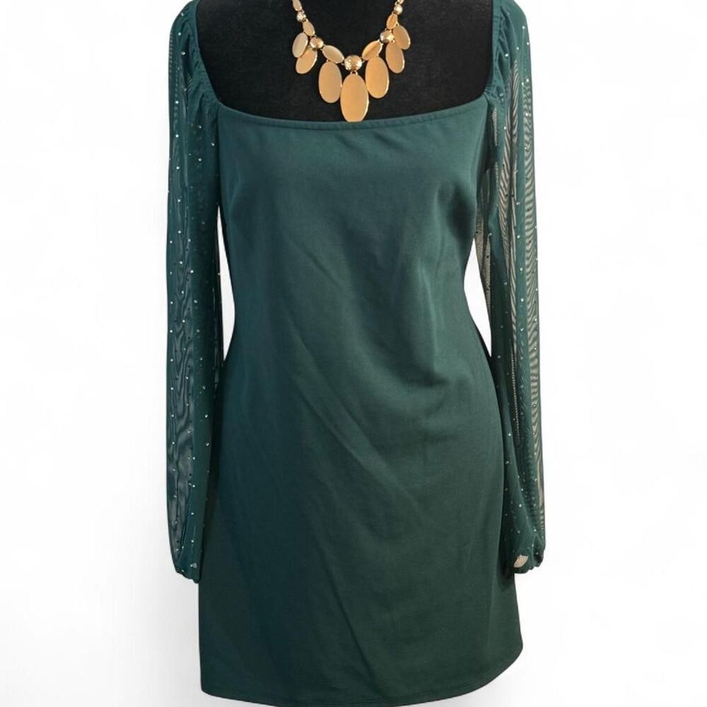 70s Disco Glam Divacore Emerald Green Mini Dress Sheer Polka Dot Sleeves